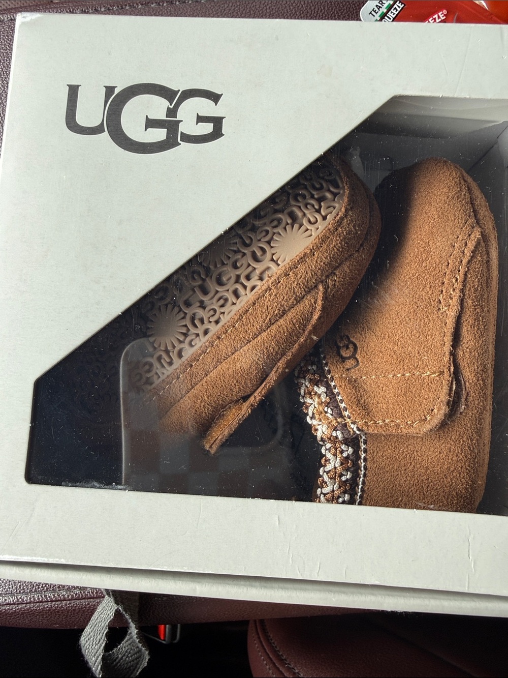 UGG Kids Chestnut Brown Suede Moccasins with Braided Trim